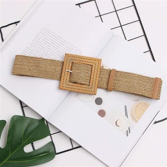 Women Skinny Dress Belt, Fashion Straw Woven Elastic Stretch Waist Band Wood main image 4